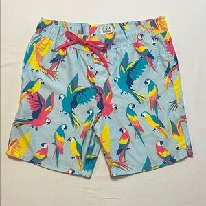 Light Blue Parrot-Print Men’s Swim Trunks with Pink Drawstring